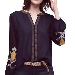 Vanessa & Virginia for Anthropologie Embroidered Navy and Black Peasant Blouse
